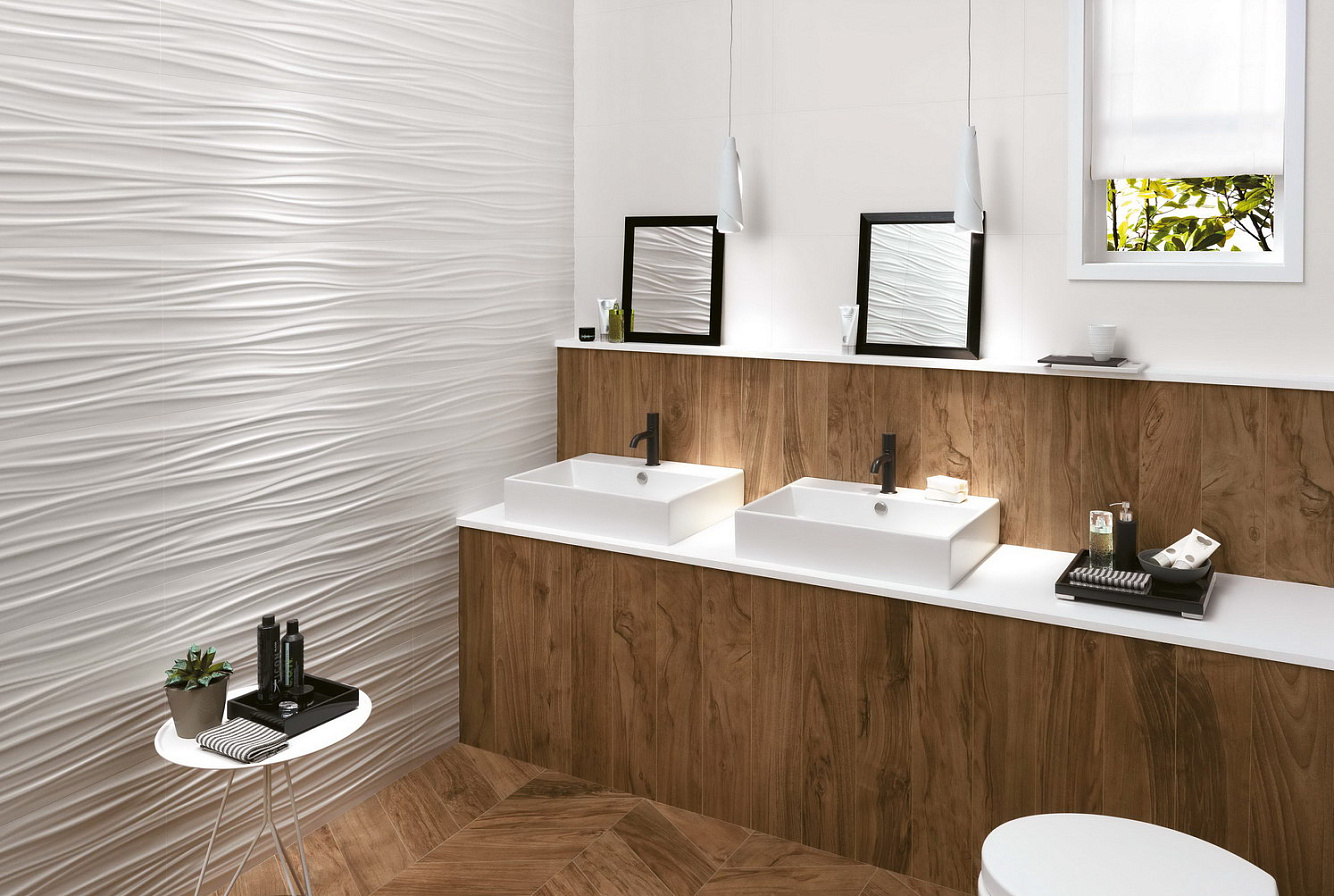 Настенная плитка 3D WALL DESIGN RIBBON в интерьере ванной комнаты.